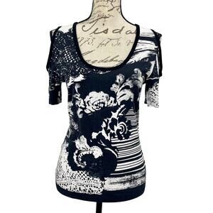 Vintage Y2K Lynn Ritchie Cold-Shoulder Black White Rose Print Scoopneck Top XS